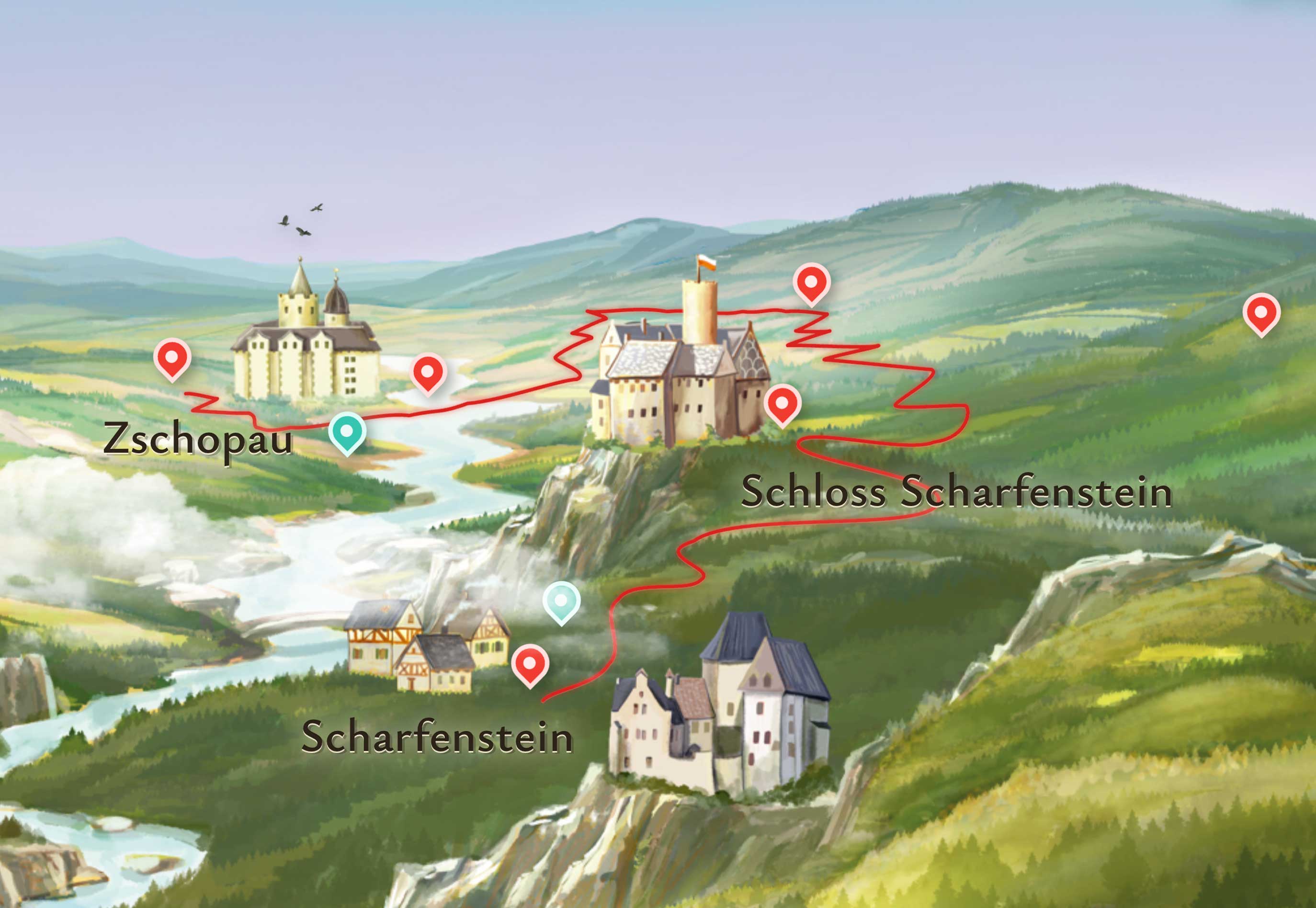 Ausschnitt der Carl-und-Strups-Karte mit Route, Markierungen und Orten