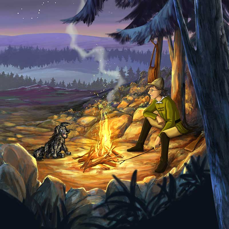 Carl und Strups am Feuer in der Nacht